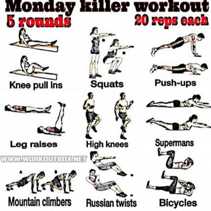 Monday Kill Workout Plan - Health Training Tips 5 Rounds 20 Reps - Yeah ...